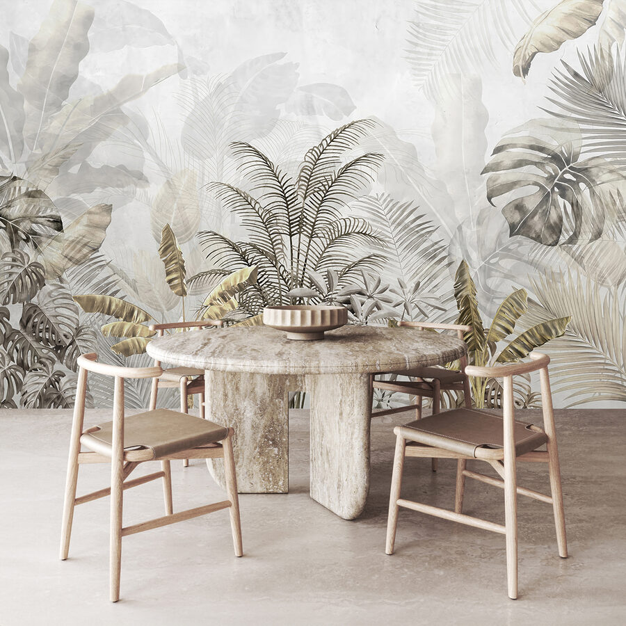 Feuilles tropicales en silhouette douce.