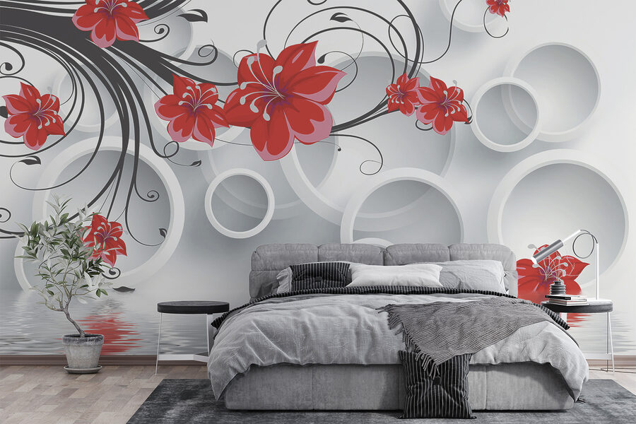 Papier peint avec des fleurs rouges et des cercles blancs