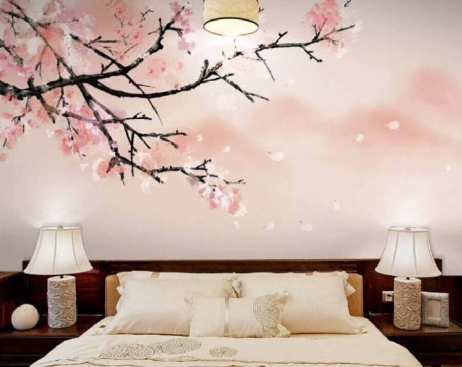 Papier peint Branche d'arbre avec des fleurs roses – Image 2