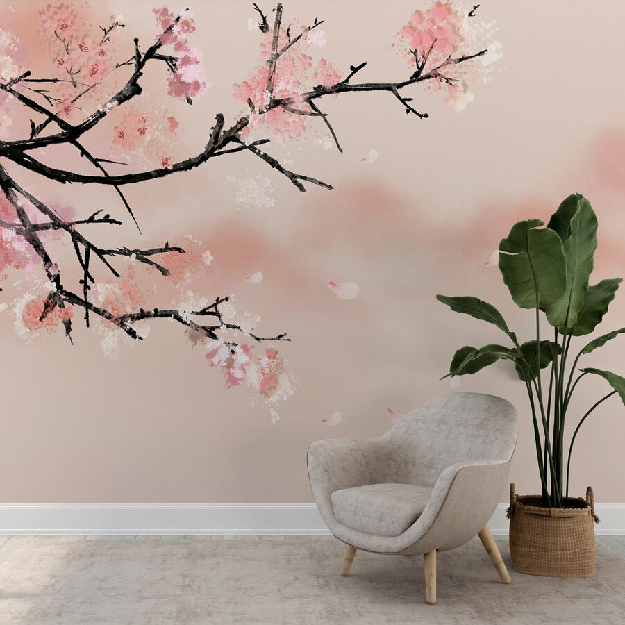 Papier peint Branche d'arbre avec des fleurs roses – Image 3