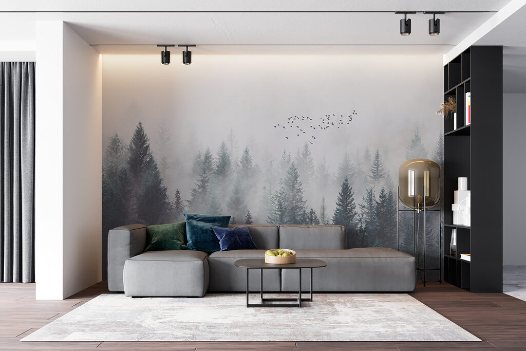 Group of birds flying over a forest Group of birds flying over a forest