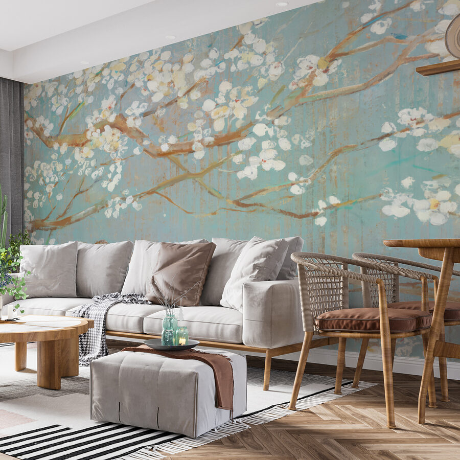 Peinture d'une branche d'arbre avec des fleurs blanches