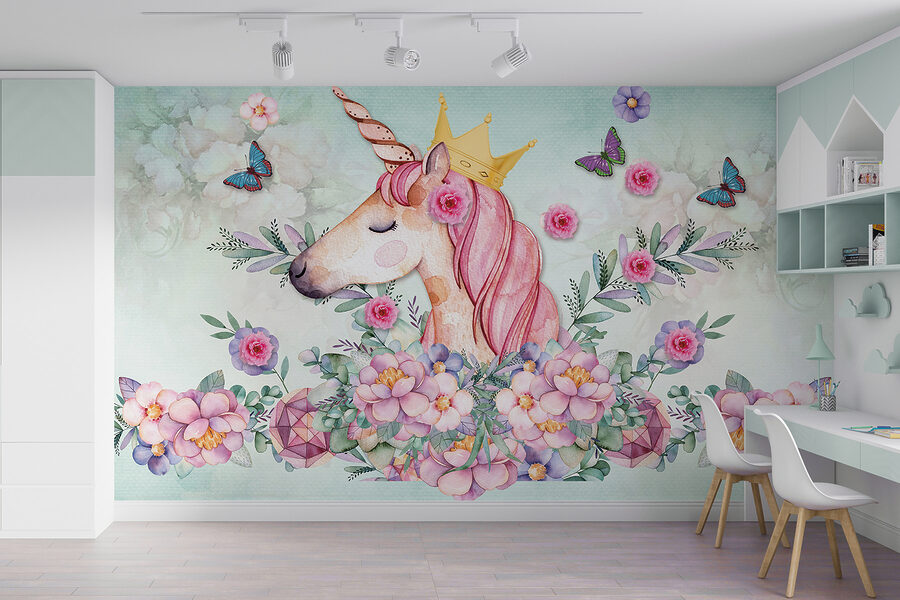Licorne aquarelle avec couronne et fleurs