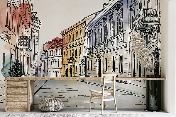 Dessin d'une rue avec des bâtiments Dessin d'une rue avec des bâtiments