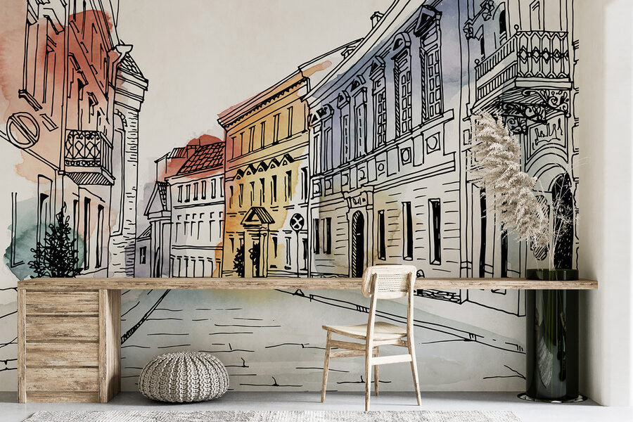 Dessin d'une rue avec des bâtiments Dessin d'une rue avec des bâtiments