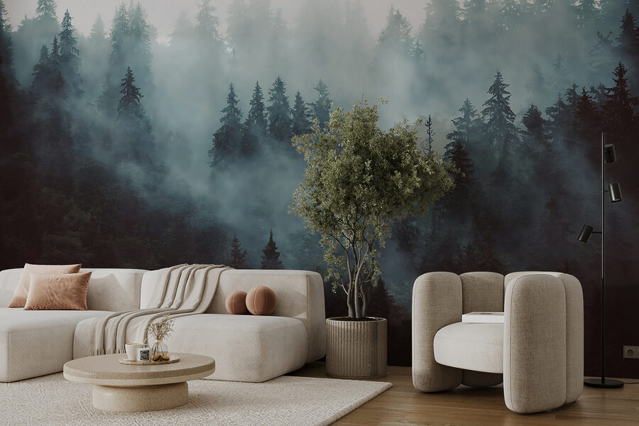 Forêt brumeuse avec des arbres Forêt brumeuse avec des arbres