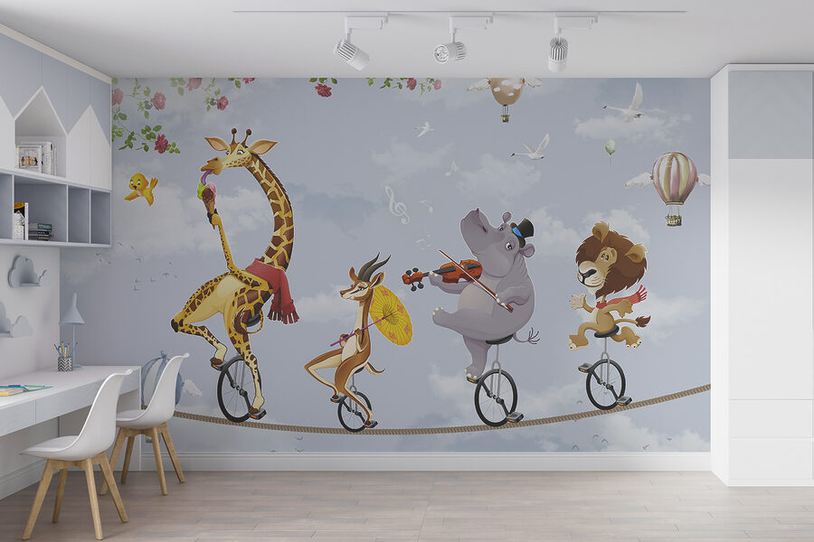Groupe d'animaux chevauchant un monocycle