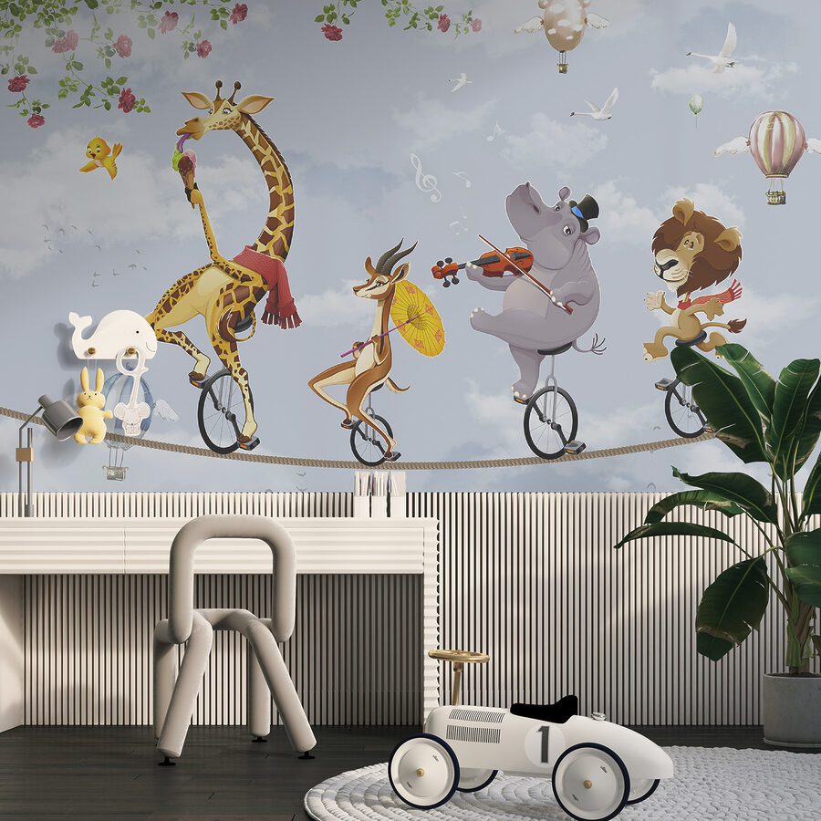 Groupe d'animaux chevauchant un monocycle