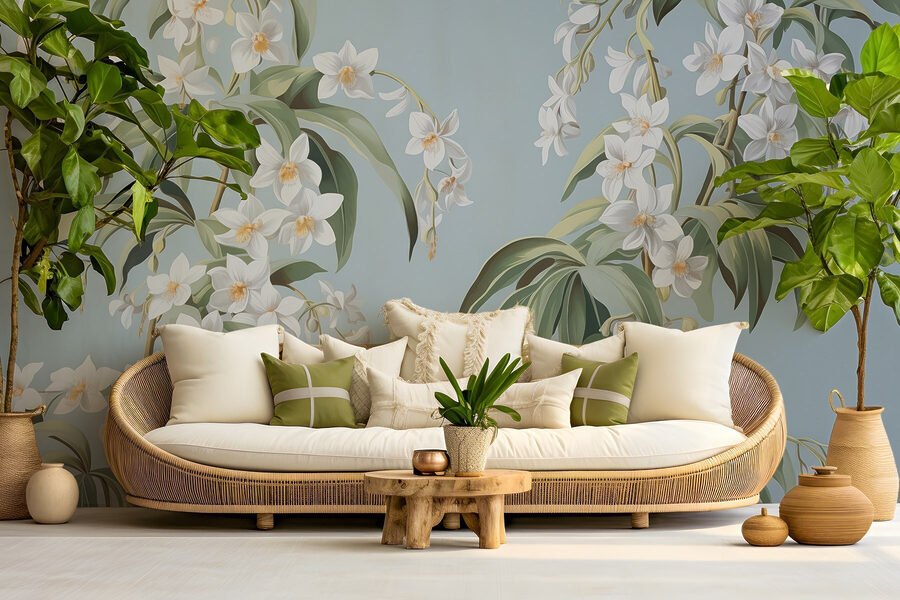 Papier peint avec des fleurs blanches