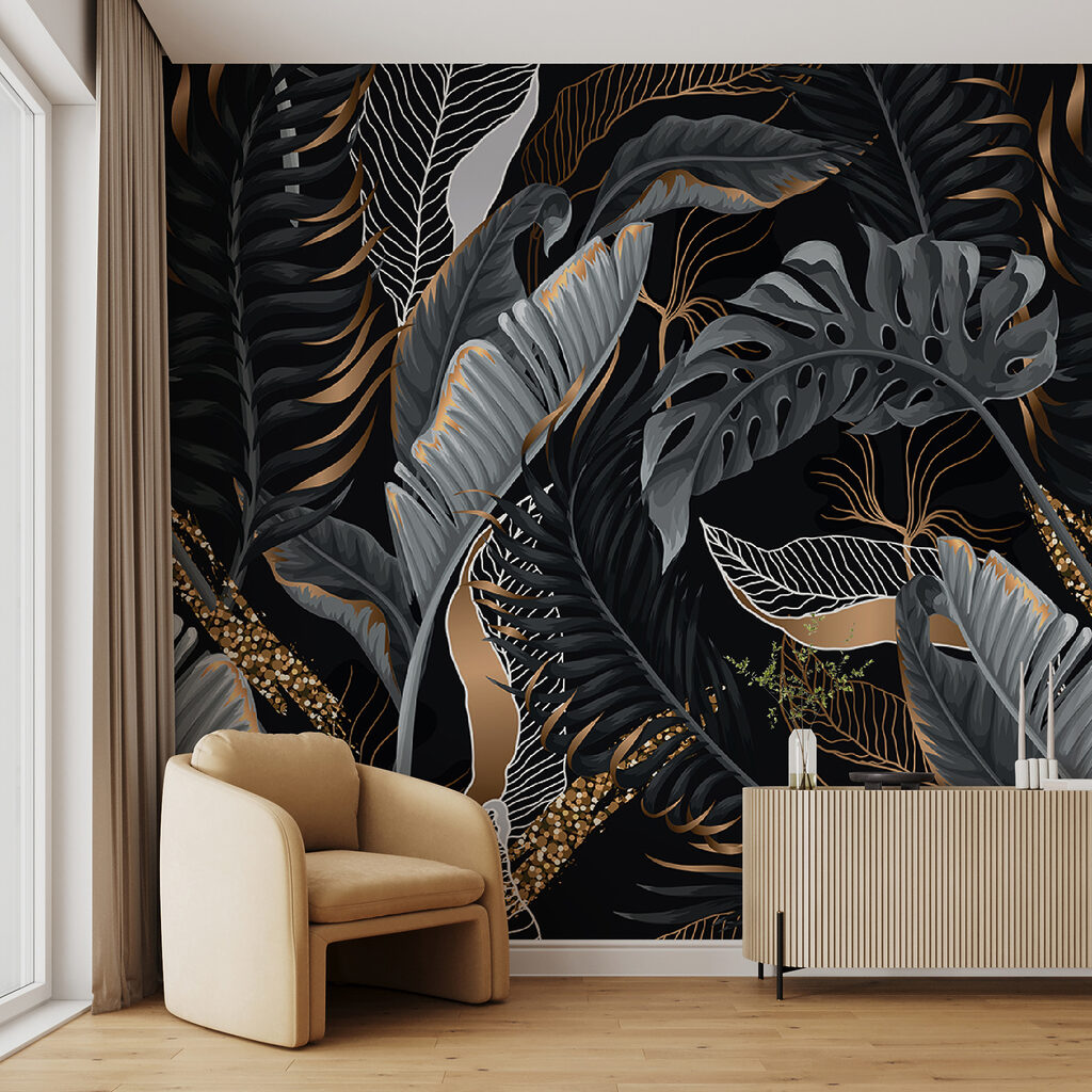 Lush tropical foliage with shimmering accents Lush tropical foliage with shimmering accents