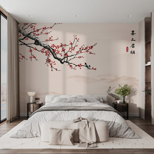 Branche d'arbre avec des fleurs rouges et un homme sur un bateau Branche d'arbre avec des fleurs rouges et un homme sur un bateau