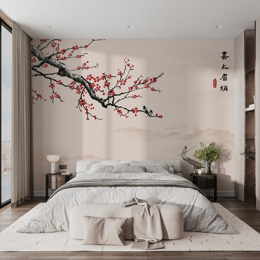 Branche d'arbre avec des fleurs rouges et un homme sur un bateau Branche d'arbre avec des fleurs rouges et un homme sur un bateau