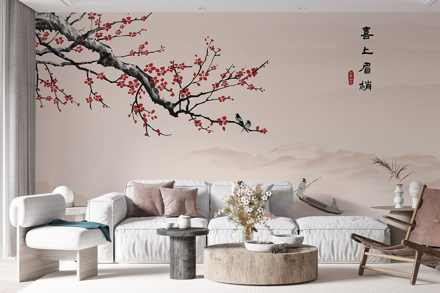 Branche d'arbre avec des fleurs rouges et un homme sur un bateau Branche d'arbre avec des fleurs rouges et un homme sur un bateau