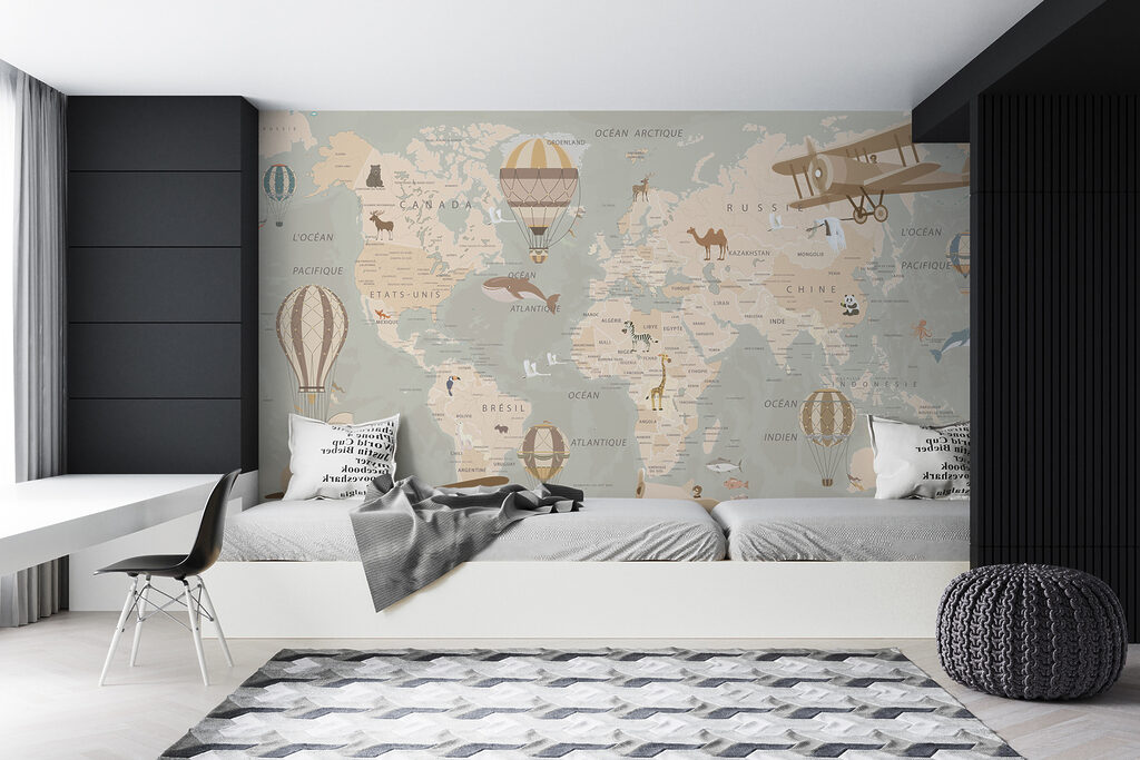 Map of the world with airplanes and hot air balloons Map of the world with airplanes and hot air balloons