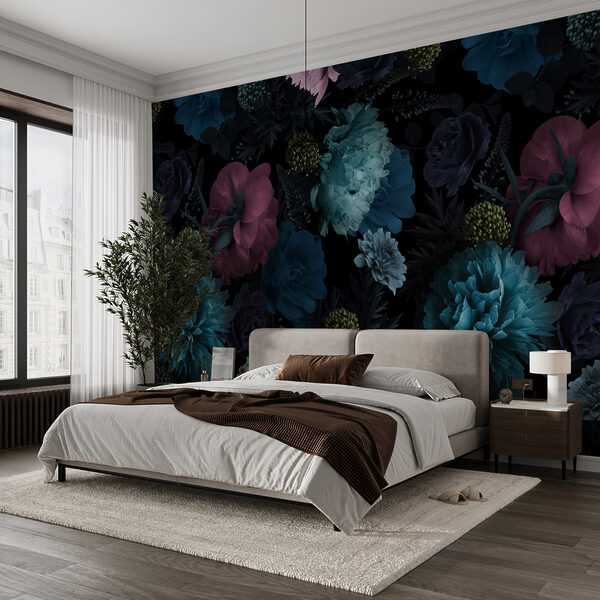 Motif floral vibrant sur fond noir. Motif floral vibrant sur fond noir.