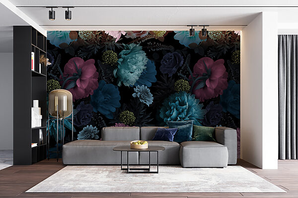 Motif floral vibrant sur fond noir. Motif floral vibrant sur fond noir.
