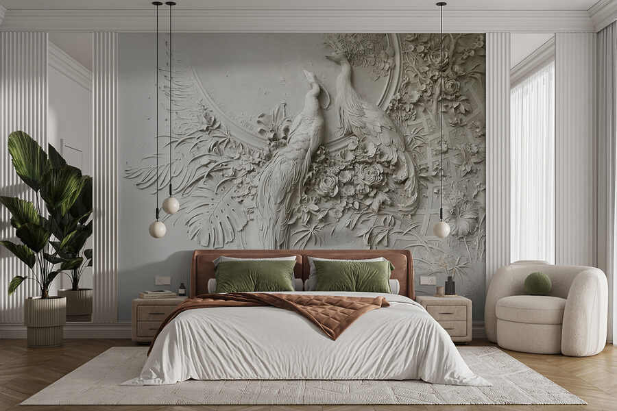 Mur blanc avec un couple d'oiseaux et de fleurs