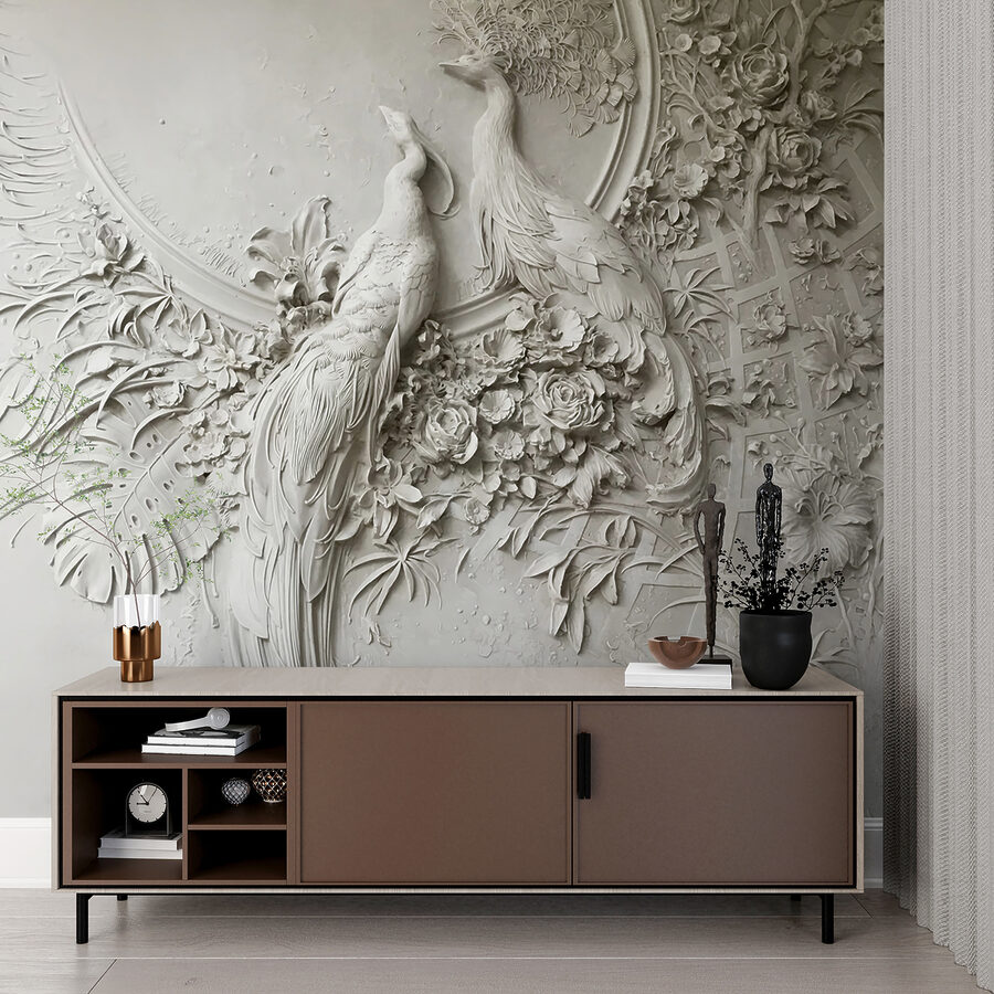 Mur blanc avec un couple d'oiseaux et de fleurs