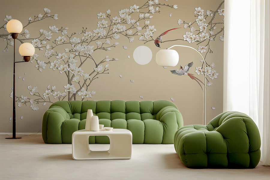 Arbre avec fleurs blanches et oiseaux