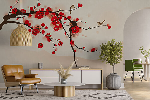Branche avec des fleurs rouges et des oiseaux volant dans le ciel Branche avec des fleurs rouges et des oiseaux volant dans le ciel