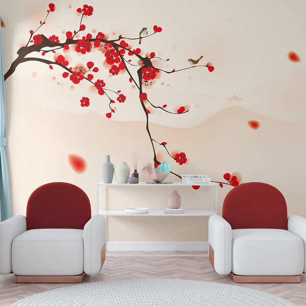 Branche avec des fleurs rouges et des oiseaux volant dans le ciel Branche avec des fleurs rouges et des oiseaux volant dans le ciel
