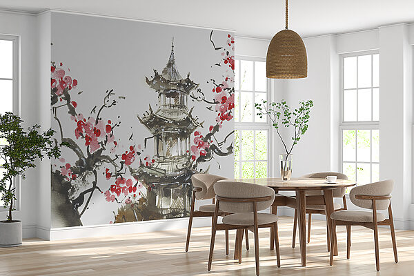 Peinture d'une pagode et de cerisiers en fleurs Peinture d'une pagode et de cerisiers en fleurs