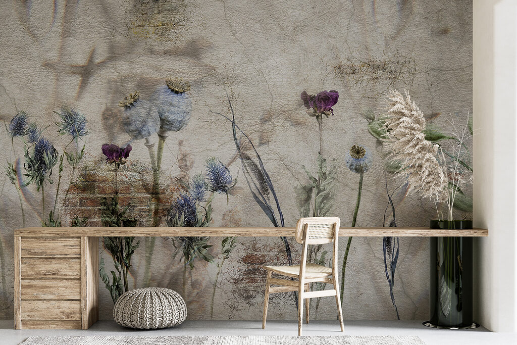 Wall with flowers and a brick wall Wall with flowers and a brick wall