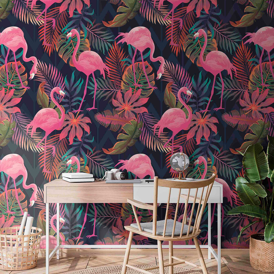 Un motif de flamants roses et de feuilles