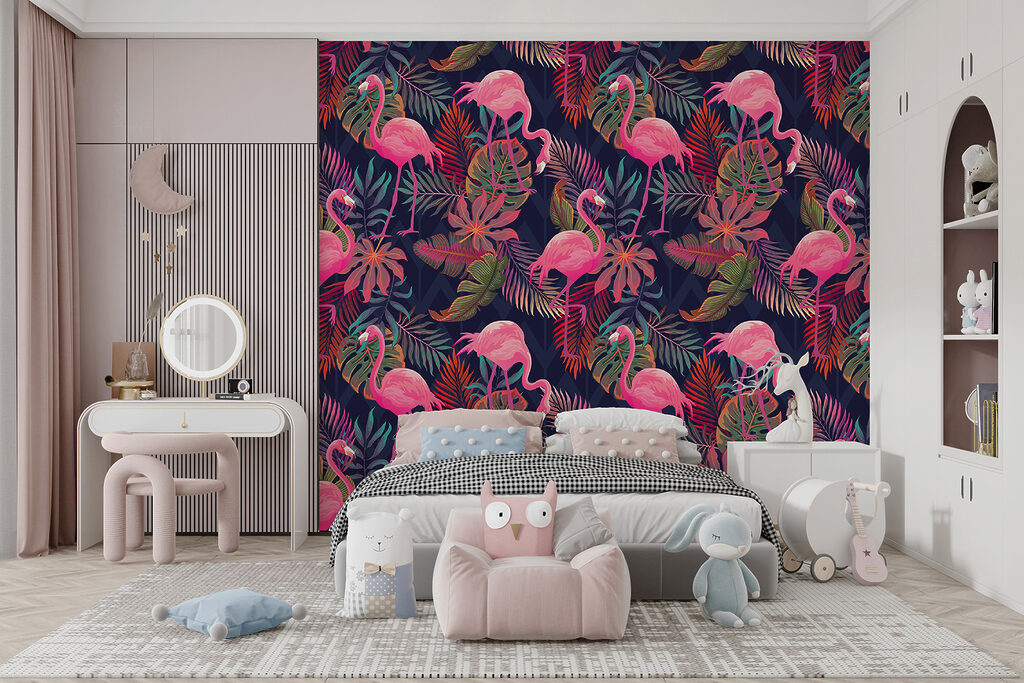 A pattern of pink flamingos and leaves