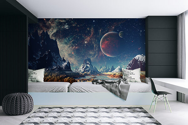 Paysage de montagnes et d'eau avec des planètes et des étoiles Paysage de montagnes et d'eau avec des planètes et des étoiles