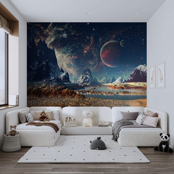 Paysage de montagnes et d'eau avec des planètes et des étoiles Paysage de montagnes et d'eau avec des planètes et des étoiles