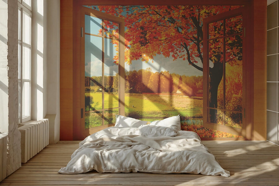 Fenêtre avec arbres et rivière