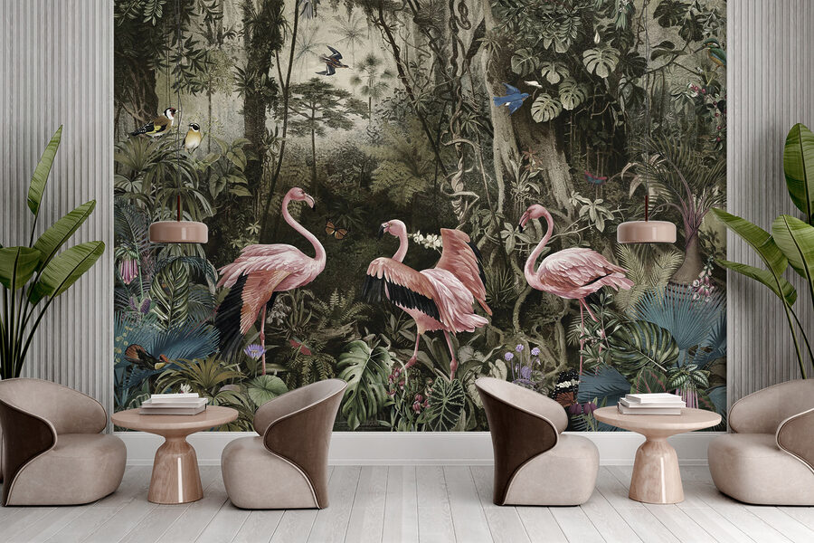 Groupe de flamants roses dans une forêt
