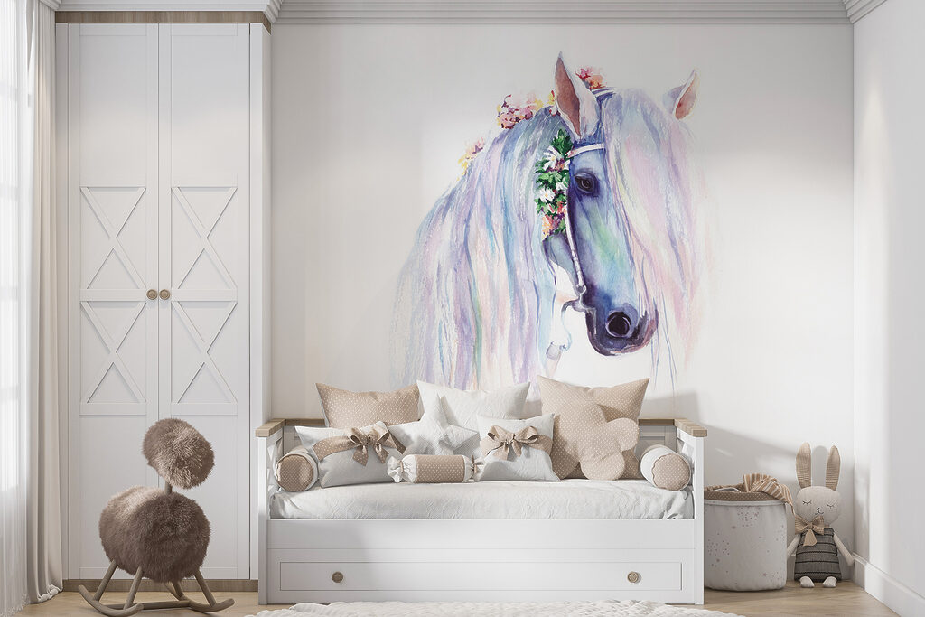 Watercolor of a horse with flowers on its head Watercolor of a horse with flowers on its head