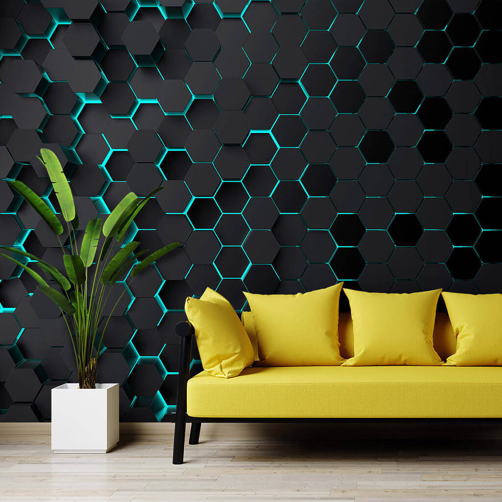 Black hexagons with blue lights