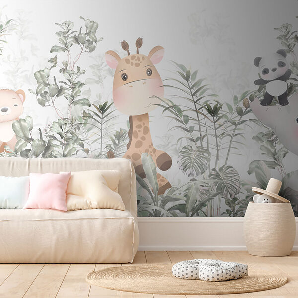 Girafe et panda dans une forêt Girafe et panda dans une forêt