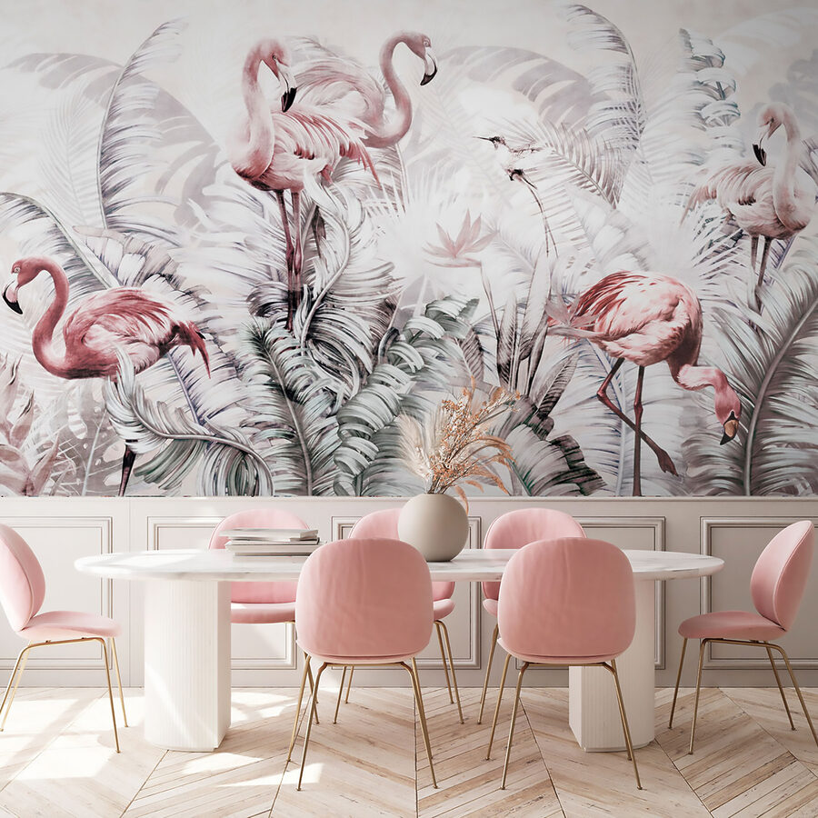 Papier peint avec des flamants roses et des oiseaux