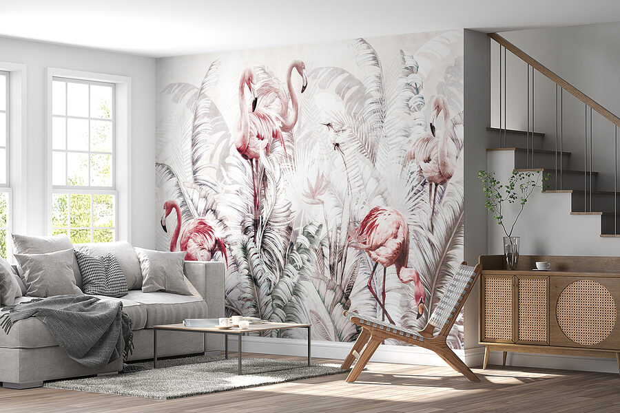 Papier peint avec des flamants roses et des oiseaux