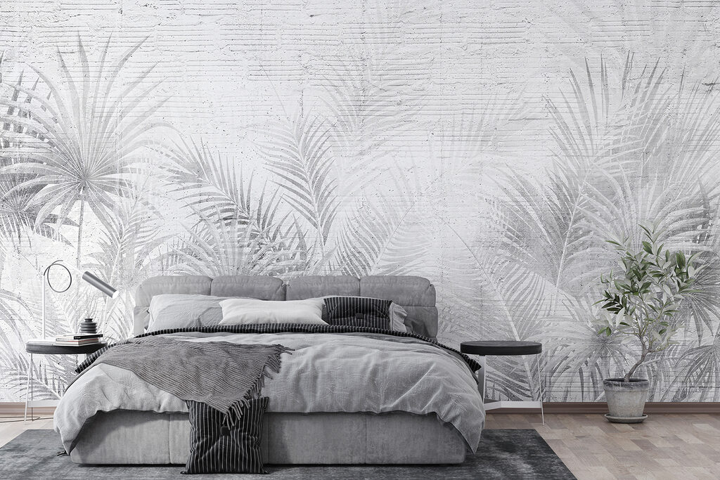 White and grey background with palm leaves
