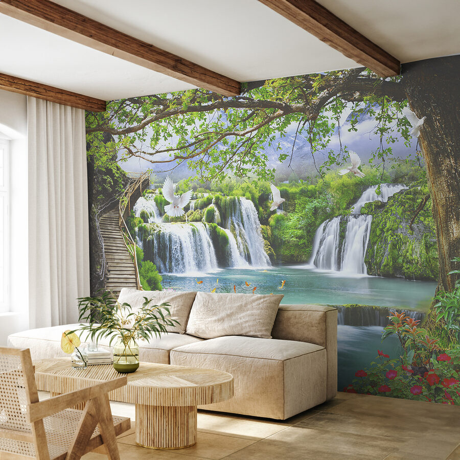 Cascade avec oiseaux et pont