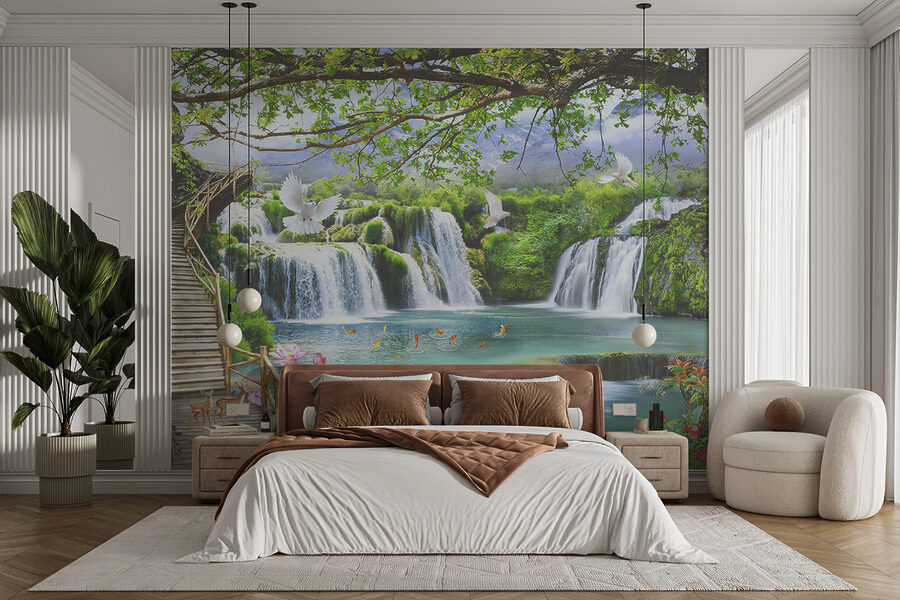 Cascade avec oiseaux et pont
