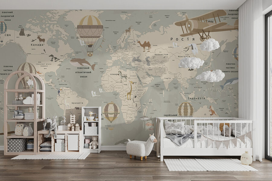 Carte du monde avec avions et animaux