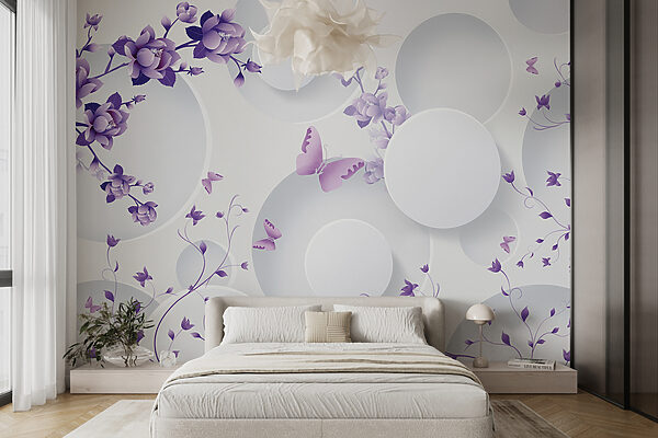 Fleurs violettes et cercles blancs avec papillons violets Fleurs violettes et cercles blancs avec papillons violets