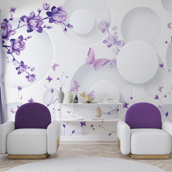 Fleurs violettes et cercles blancs avec papillons violets Fleurs violettes et cercles blancs avec papillons violets