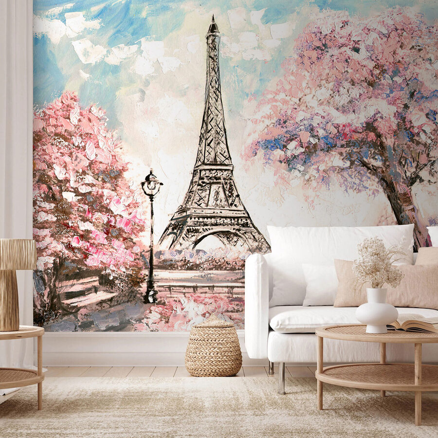 Peinture d'une tour avec des fleurs roses