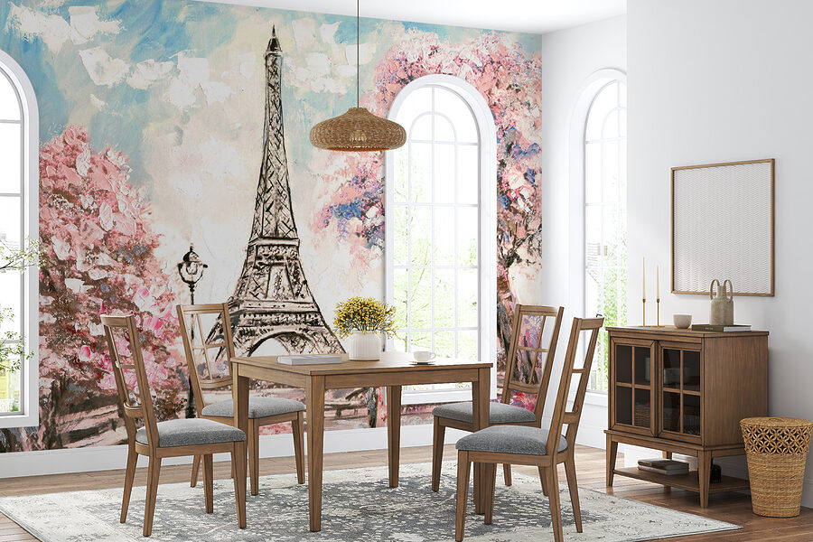 Peinture d'une tour avec des fleurs roses