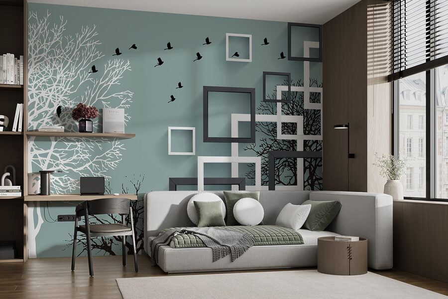 Peinture murale avec des arbres et des oiseaux qui volent Peinture murale avec des arbres et des oiseaux qui volent
