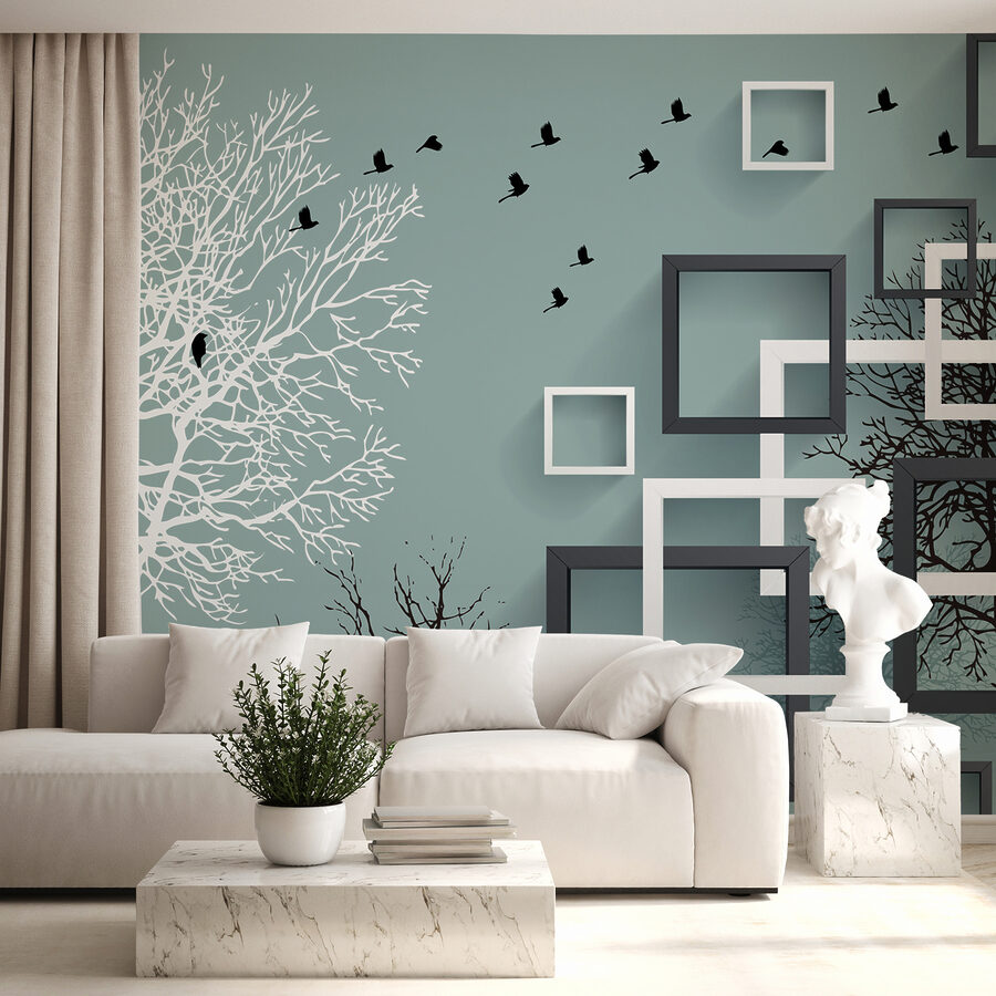 Peinture murale avec des arbres et des oiseaux qui volent Peinture murale avec des arbres et des oiseaux qui volent