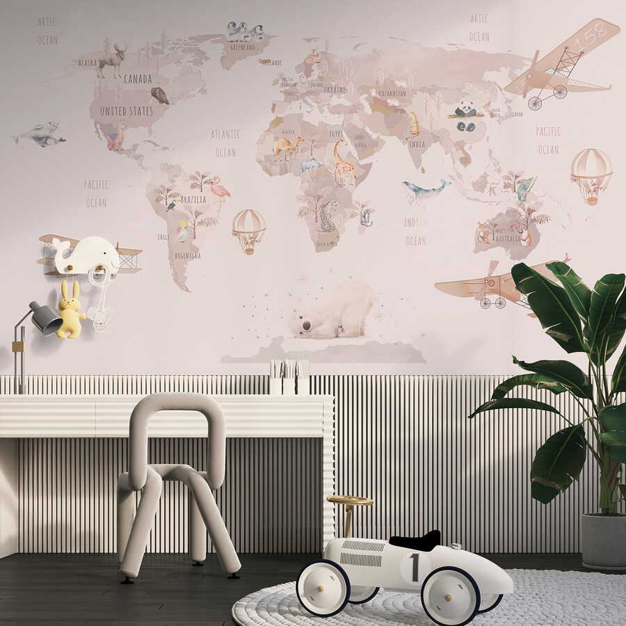 Carte du monde avec des avions et des ours polaires Carte du monde avec des avions et des ours polaires