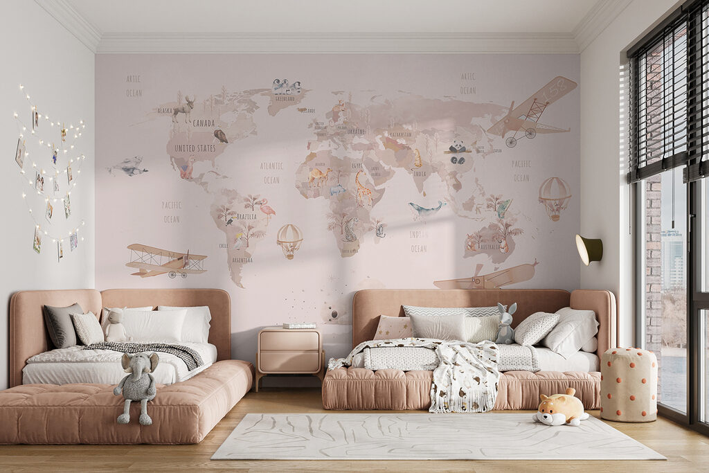 Map of the world with airplanes and polar bears